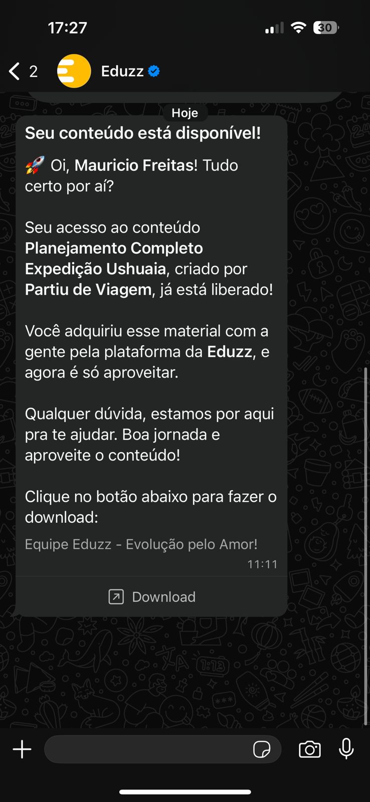 Mensagem Eduzz no WhatsApp